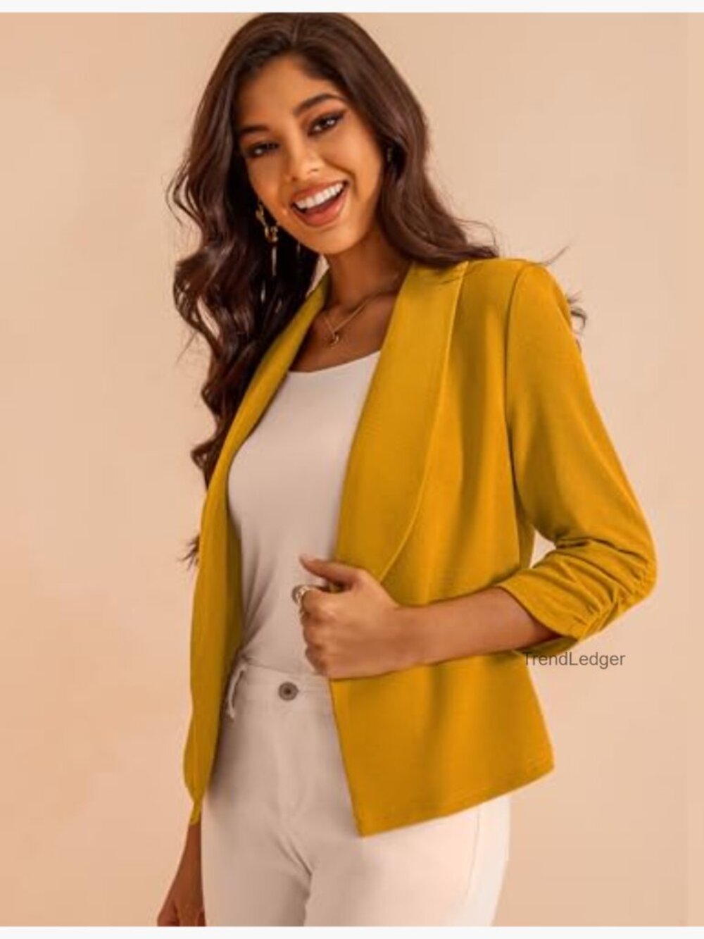 Cropped Open Front Blazer 3/4 Sleeve Cardigan Jacket Business Casual - Picture 3 of 7